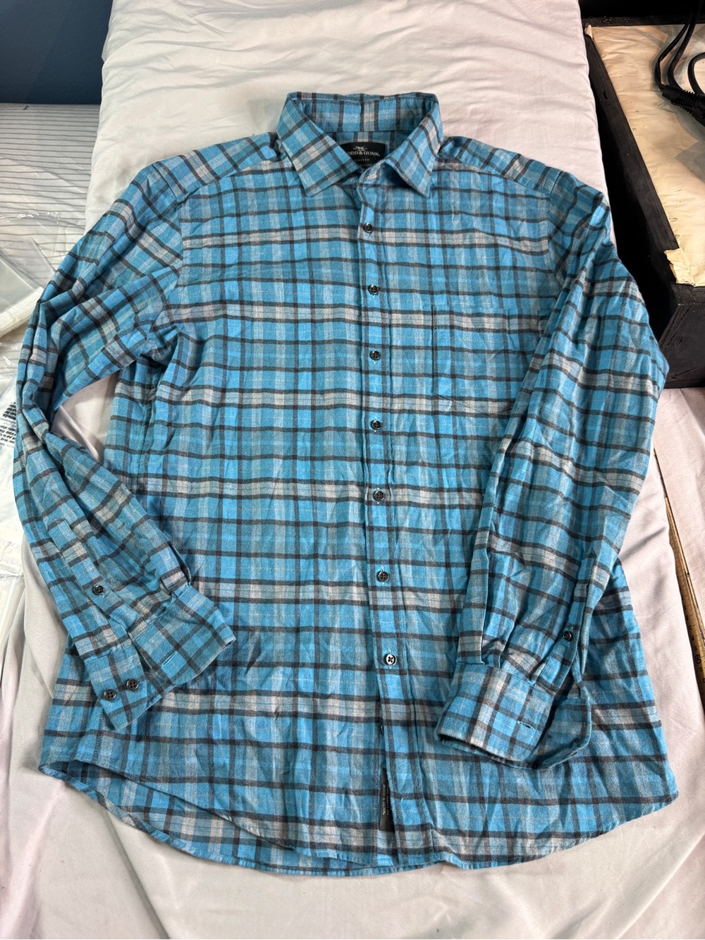 Rodd & Gunn Mens Large Sports Fit Blue Plaid Shirt Italian Fabric 100% Cotton